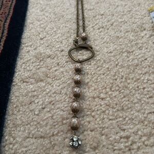 EUC Gold and Brown Y-Shaped Necklace with Central Ring and Dangle Beads